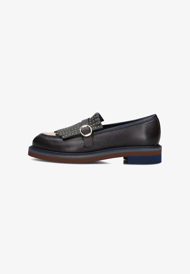 Black leather loafer with a contrasting grey accent, featuring a decorative strap and buckle. Square toe and blue-tinged sole.