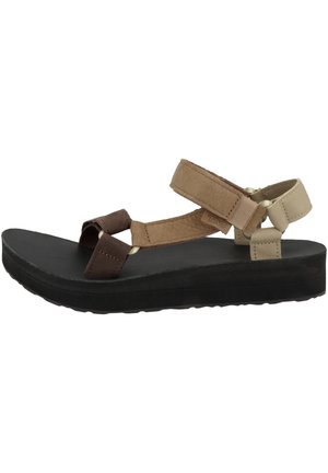 Sandali in pelle marrone e beige con cinturini regolabili, suola spessa in gomma nera e design piatto per comfort e stabilità.