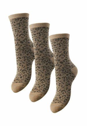 Gebreide sokken in een tan kleur met een zwart luipaardprintpatroon, met versterkte teentjes en een geribbelde bovenrand voor comfort en een goede pasvorm.