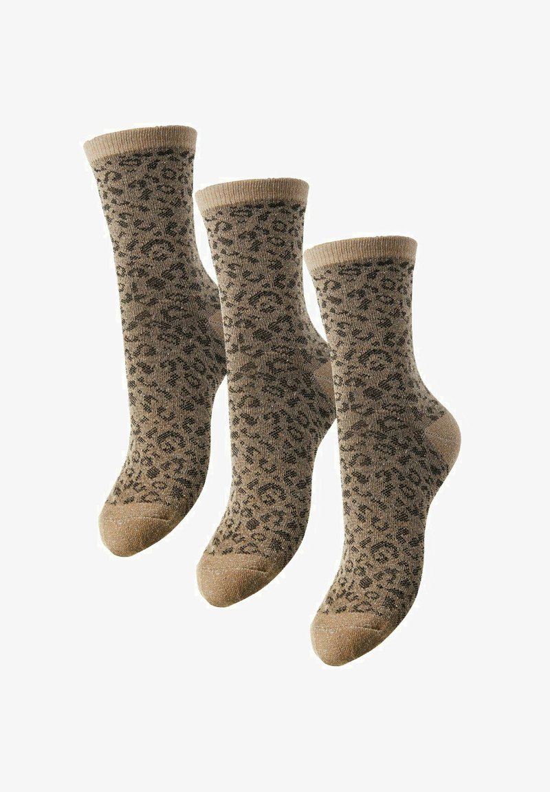 Gebreide sokken in een tan kleur met een zwart luipaardprintpatroon, met versterkte teentjes en een geribbelde bovenrand voor comfort en een goede pasvorm.