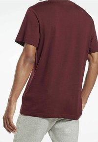 Camiseta corta de manga en color burdeos, hecha de algodón, con un corte relajado, cuello redondo y textura suave. La vista trasera no muestra elementos de diseño visibles.