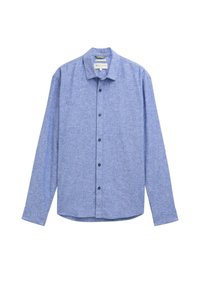 Blauw overhemd met lange mouwen en knopen, gemaakt van lichte stof, met een klassieke kraag en donkere knopen, met een gestructureerde afwerking.