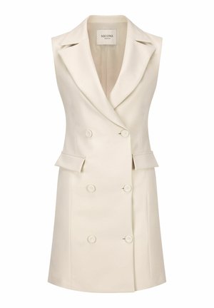 Ärmelloses cremefarbenes Blazerkleid mit breiten Revers, doppelreihiger Knopfleiste und Pattentaschen von Nicowa.