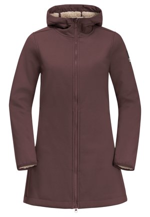 Brun vinterfrakke til kvinder med hætte, lynlås foran og beige fleeceforing synlig inde i hætten og ved ærmekanterne.