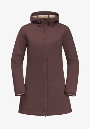 Cappotto invernale marrone da donna con cappuccio, cerniera frontale e fodera in pile beige visibile all'interno del cappuccio e dei polsini.