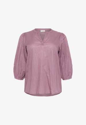 Pink blouse with three-quarter puff sleeves, subtle vertical metallic stripes, V-notch neckline, and elastic cuffs.
