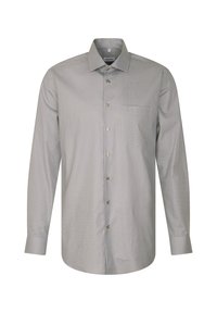 Camicia grigia a manica lunga con un motivo sottile, colletto a punta, taschino sul petto e bottoni dorati. Tessuto liscio, vestibilità regolare.