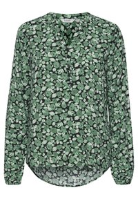 Camicia floreale a maniche lunghe di colore verde scuro con motivi di fiori verdi chiari e bianchi, caratterizzata da un collo con bottoni e orlo curvo.