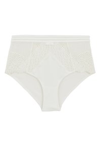 Culotte haute blanche avec des panneaux latéraux en dentelle, présentant un devant lisse, une taille élastique et un petit nœud au centre.