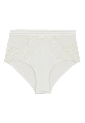 Culotte haute blanche avec des panneaux latéraux en dentelle, présentant un devant lisse, une taille élastique et un petit nœud au centre.