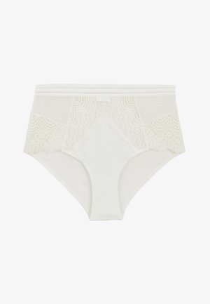 Culotte haute blanche avec des panneaux latéraux en dentelle, présentant un devant lisse, une taille élastique et un petit nœud au centre.