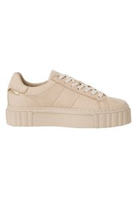 Baskets basses beiges avec semelle épaisse rainurée, fermeture à lacets à l'avant et détails de couture minimalistes, vues de côté sur fond blanc.