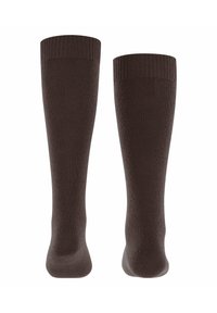 Calze marroni fin sopra il ginocchio realizzate in un tessuto liscio e testurizzato, con polsini a costine e una punta senza cuciture.