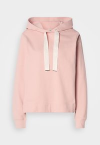 Sweat à capuche rose clair avec manches longues et larges cordons blancs sur la capuche, présenté sur un fond blanc uni.
