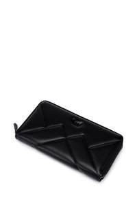 Black leather wallet featuring a geometric quilted design, zip closure, and embossed logo detail. Smooth texture with a sleek finish.