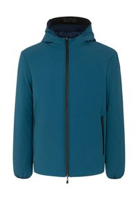 Giacca turchese con cappuccio, dotata di cerniera frontale, polsini elasticizzati e due tasche laterali. Realizzata in tessuto liscio e leggero.