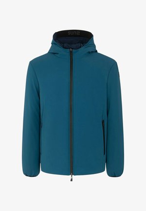 Giacca turchese con cappuccio, dotata di cerniera frontale, polsini elasticizzati e due tasche laterali. Realizzata in tessuto liscio e leggero.