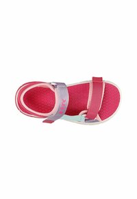 Infradito rosa e lilla con una soletta testurizzata, cinturini regolabili e una suola bianca. Leggeri e progettati per il comfort.