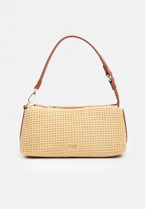 Beige woven rectangular handbag with brown adjustable shoulder strap and gold zipper, branded "RAID" on front.