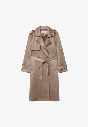 Beige faux suede trench coat with a collar, double-breasted front, side pockets, and a tied waist belt. Features shoulder epaulettes.