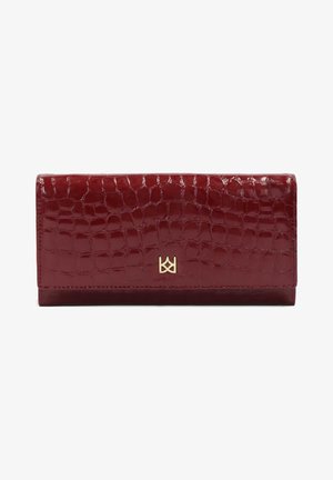 Crocodile-patterned red leather wallet with a glossy finish and a gold logo accent. Features a rectangular shape and clean edges.