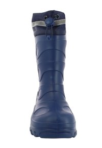 Botte de pluie en caoutchouc marine avec une surface texturée, un bout arrondi et un haut ajustable avec des accents gris. Dotée d'une semelle robuste et antidérapante.
