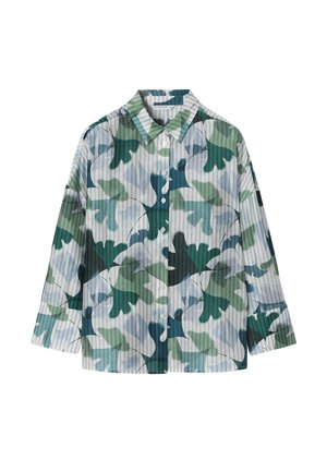 Hosszú ujjú, gombos ing gallérral, fehér alapon zöld és kék absztrakt levélmintával.