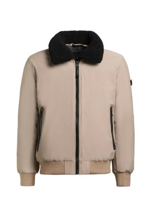 Giubbotto bomber beige con collo in shearling nero, due tasche frontali con zip, polsini e orlo a coste, realizzato in materiale leggero e liscio.