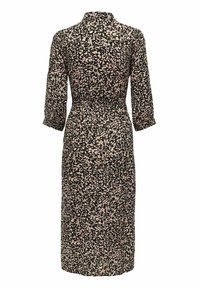 Robe maxi noire avec un motif abstrait rose et blanc. Elle a un col, une taille élastique et des manches trois-quarts.