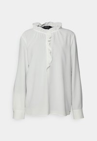 Blouse blanche à manches longues avec un col volanté, une texture lisse, des poignets boutonnés et une coupe décontractée. Design minimaliste.