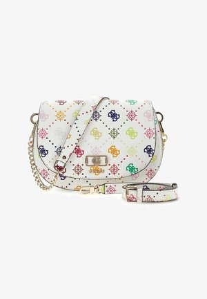 Sac bandoulière blanc avec motif géométrique coloré du logo, détail chaîne dorée, et bandoulière amovible, fermeture avant à bouton-pression avec logo de la marque.