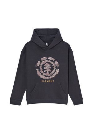 Felpa con cappuccio nera, logo circolare screpolato e grafica di un albero sul petto, testo giallo ""ELEMENT"" sotto e tasca frontale a marsupio.