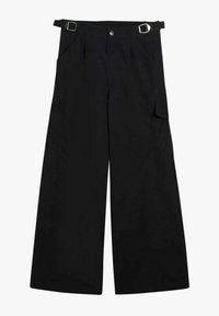 Pantaloni cargo neri a gamba larga con tasche laterali, chiusura con bottone e passanti per cintura regolabili, realizzati in tessuto leggero.