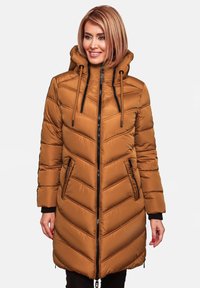 Brown puffer coat with a chevron pattern, hood, front zipper, and black accents. Features dual side pockets and a sleek, smooth texture.