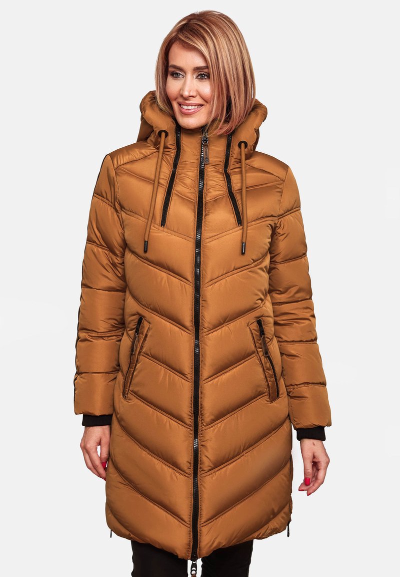 Brown puffer coat with a chevron pattern, hood, front zipper, and black accents. Features dual side pockets and a sleek, smooth texture.