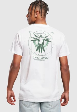 White cotton t-shirt featuring a green graphic design on the back, depicting a figure with wings and geometric elements. Short sleeves, standard fit.