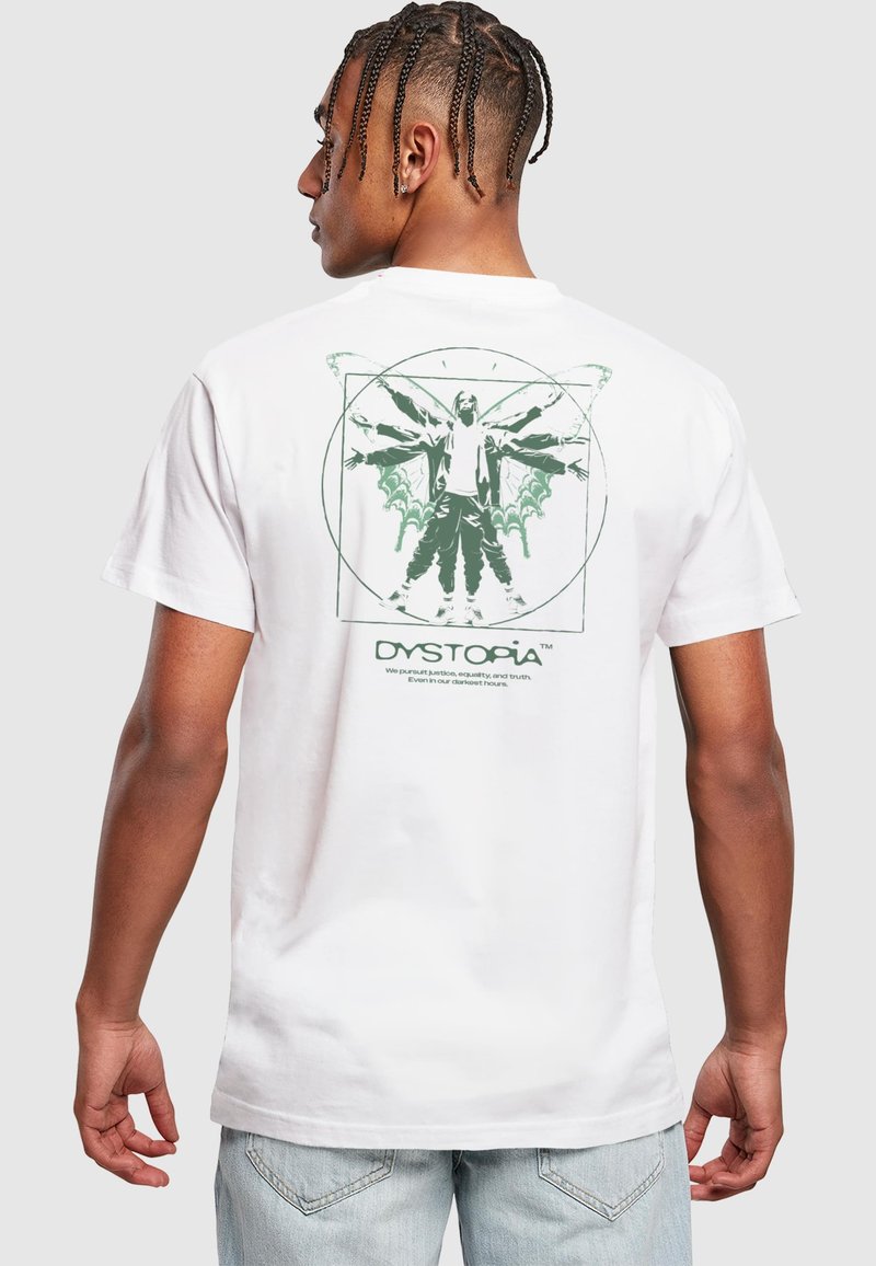 White cotton t-shirt featuring a green graphic design on the back, depicting a figure with wings and geometric elements. Short sleeves, standard fit.