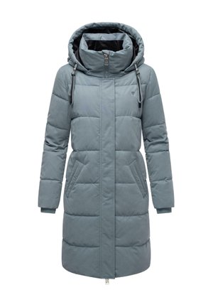 Gevoerd jasje van zacht blauw materiaal met een capuchon, voorzien van een rits aan de voorkant, twee zijzakken en elastische manchetten voor warmte en comfort.
