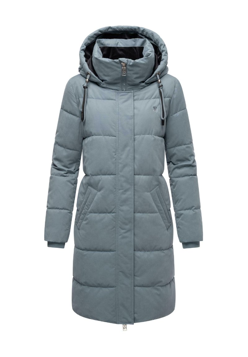 Padded coat v mäkkej modrej tkanine s kapucňou, s predným zipsom, dvoma bočnými vreckami a elastickými manžetami pre teplo a pohodlie.