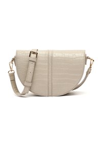 Borsa a tracolla in finta pelle beige con texture a stampa coccodrillo, forma a mezzaluna, tracolla regolabile e accenti in metallo dorato.