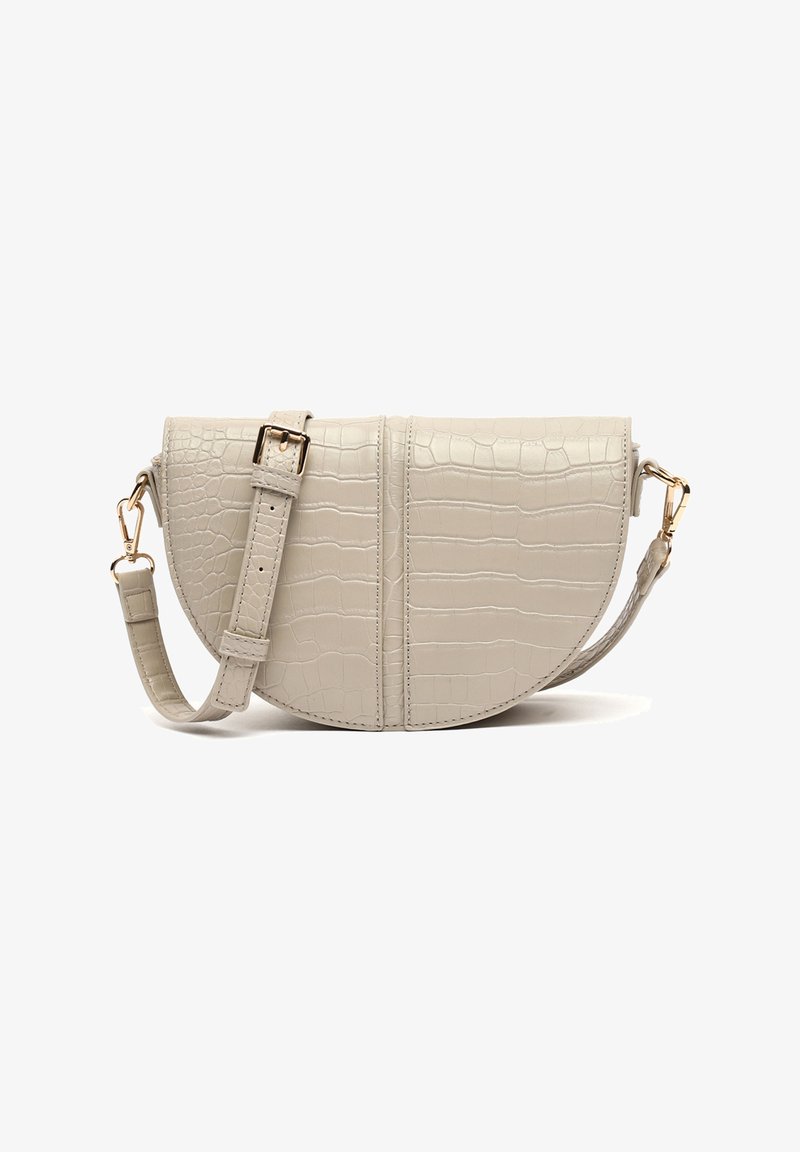Beige faux leather handbag with a croc-embossed texture, half-moon shape, adjustable strap, and gold-tone hardware accents.