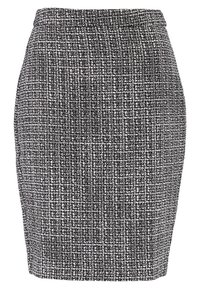 Schwarzer und weißer Tweed-Bleistiftrock mit strukturierter Oberfläche, taillierter Passform und geradem Saum. Keine sichtbaren Verschlüsse oder Verzierungen.