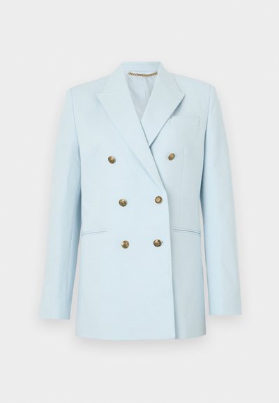 Ljusblå dubbelknäppt blazer i mjukt tyg, med guldfärgade knappar, slagkrage och en enda bröstficka.