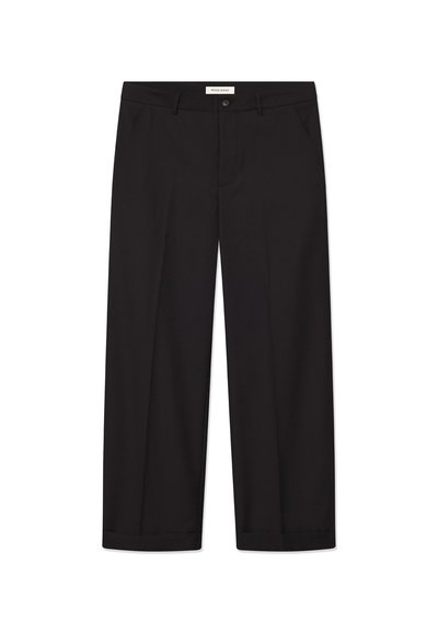 Black wide-leg trousers made of smooth fabric. Features a button and zipper closure, two front pockets, and a crisp hem finish.