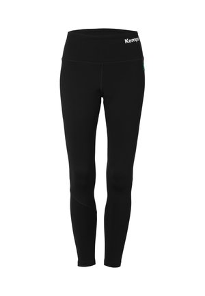 Zwarte leggings met een hoge tailleband, gemaakt van rekbare stof. Bevat een klein logo op de taille en een zijnaad met een subtiele ontwerpdetail.