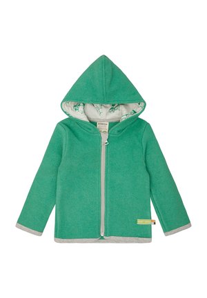 Felpa con cappuccio verde in pile, con zip frontale, rifiniture grigie e fodera a motivi con piccoli disegni. Presenta un cappuccio appuntito.