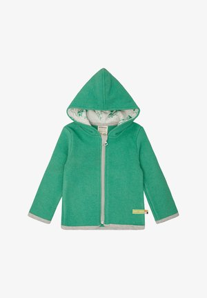 Grüne Fleece-Hoodie mit einem Front-Reißverschluss, grauem Besatz und einem gemusterten Innenfutter mit kleinen Designs. Verfügt über eine spitze Kapuze.
