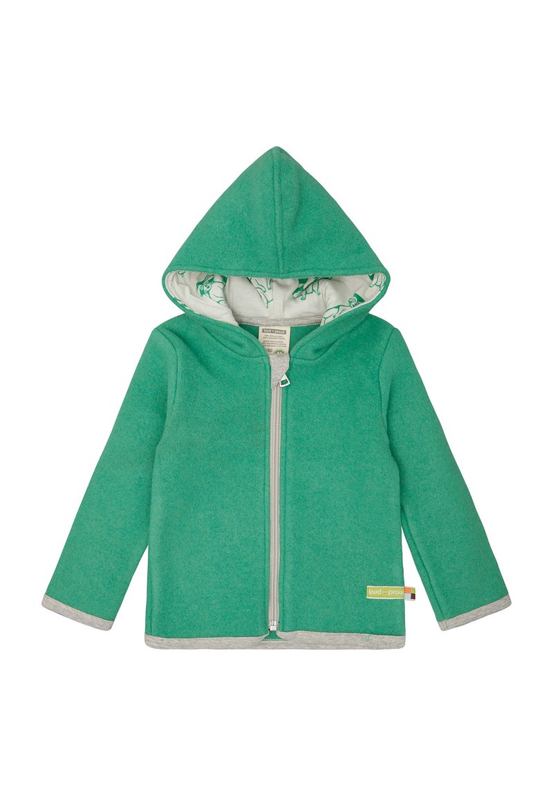 Grüne Fleece-Hoodie mit einem Front-Reißverschluss, grauem Besatz und einem gemusterten Innenfutter mit kleinen Designs. Verfügt über eine spitze Kapuze.