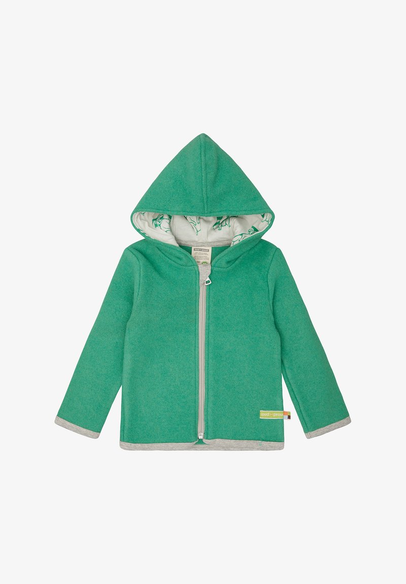 Grüne Fleece-Hoodie mit einem Front-Reißverschluss, grauem Besatz und einem gemusterten Innenfutter mit kleinen Designs. Verfügt über eine spitze Kapuze.