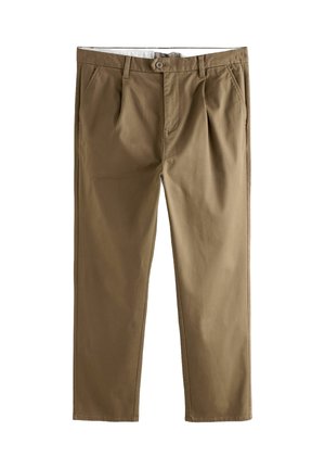 Khaki chinos s ravnim krojem, ki vključujejo dva sprednja nabora, gumb za zapiranje in stranske žepe. Narejeni so iz gladkega bombažnega mešanega materiala.